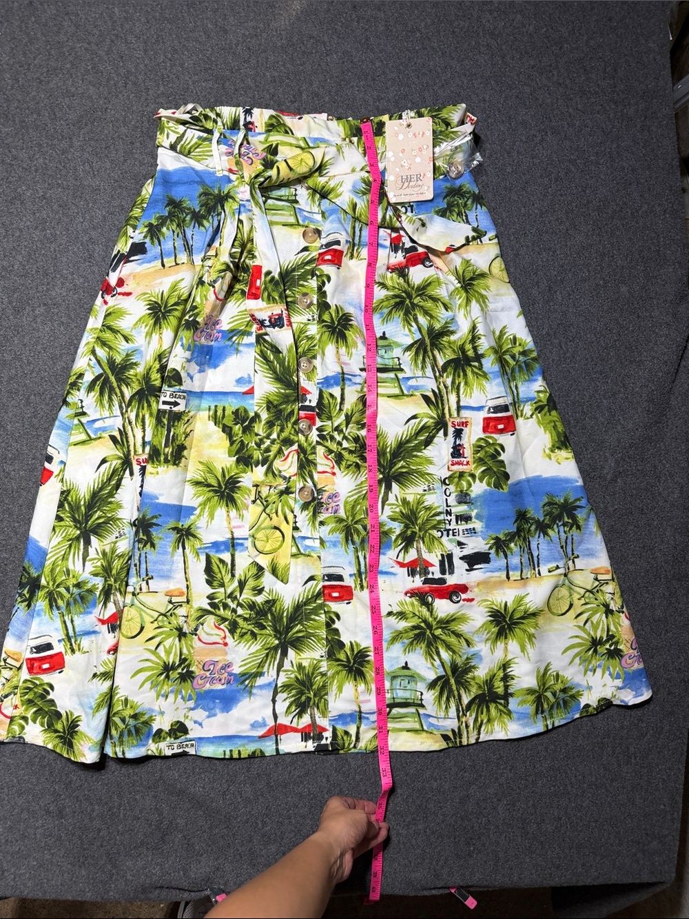 Vintage Her Destiny Tropical Beach Print Paperbag Waist Midi Skirt Size Large - Picture 5 of 7